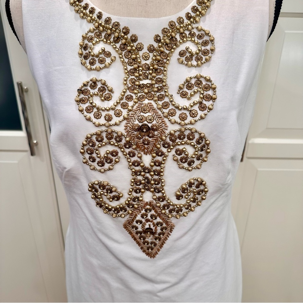 Ellen Tracy Ivory Gold Metal Beaded Sleeveless Sheath Pencil Dress - Picture 2 of 6
